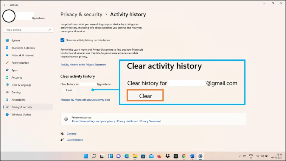 Under the Clear Activity History Section, click Clear.