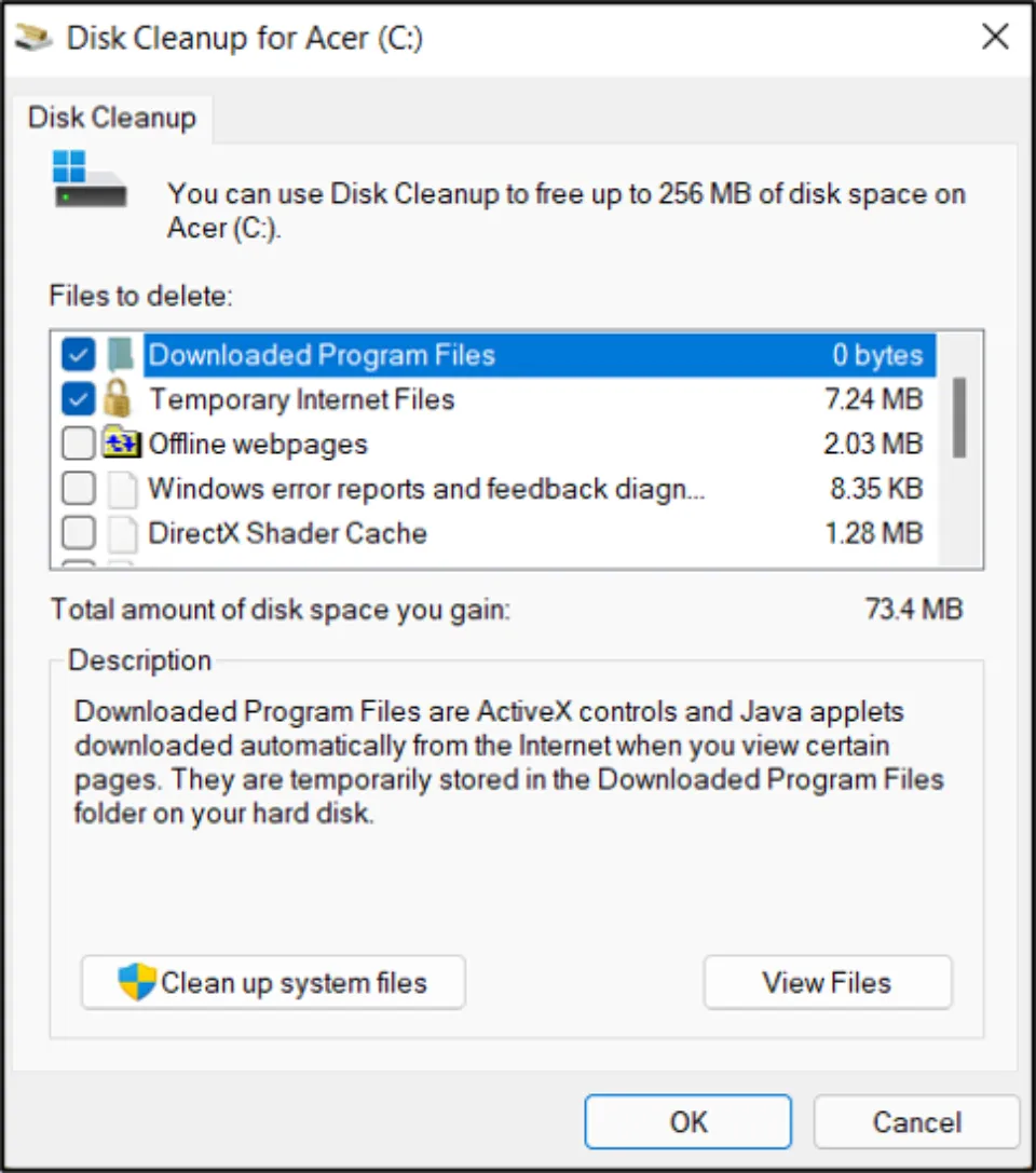 Select which files you want to delete. For instance, you can remove Temporary files.