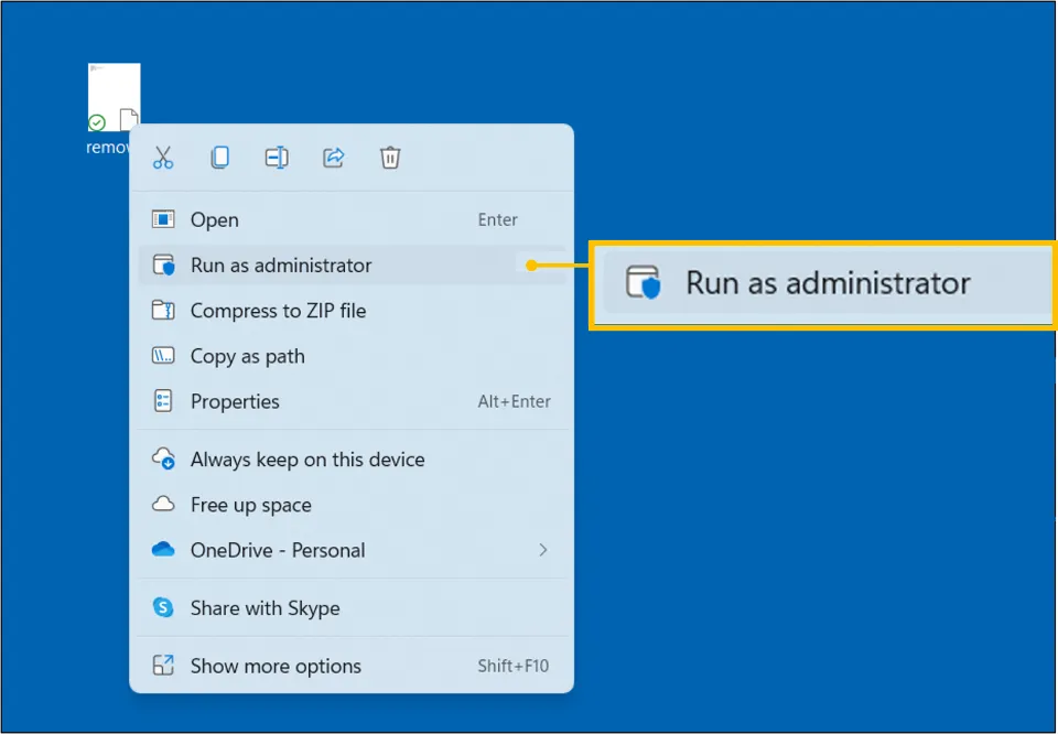 Then, right-click the remove.bat file and choose Run as Administrator option