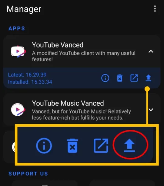 Similarly, select YouTube Vanced and hit the Download icon (Downwards Arrow)