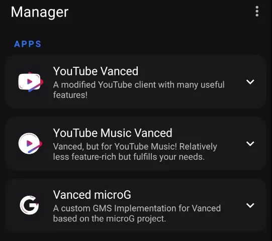 The next page will have three apps listed: Vanced MicroG, YouTube Vanced & also YouTube Music Vanced