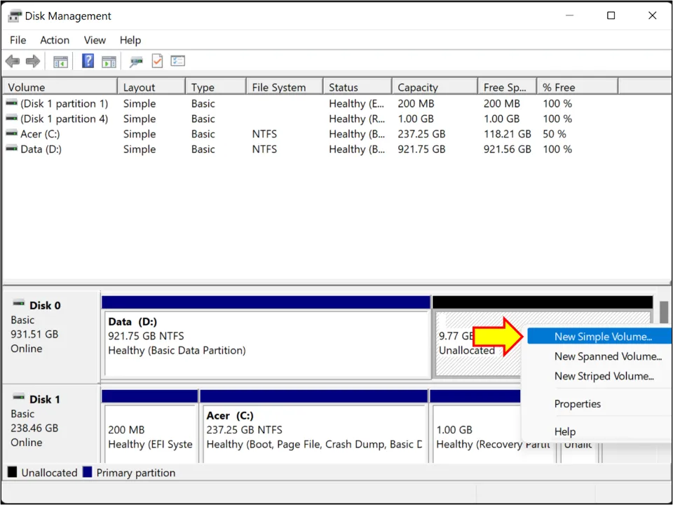 You will now notice an unallocated space next to the hard disk. Right-click the unallocated space and select New Simple Volume.