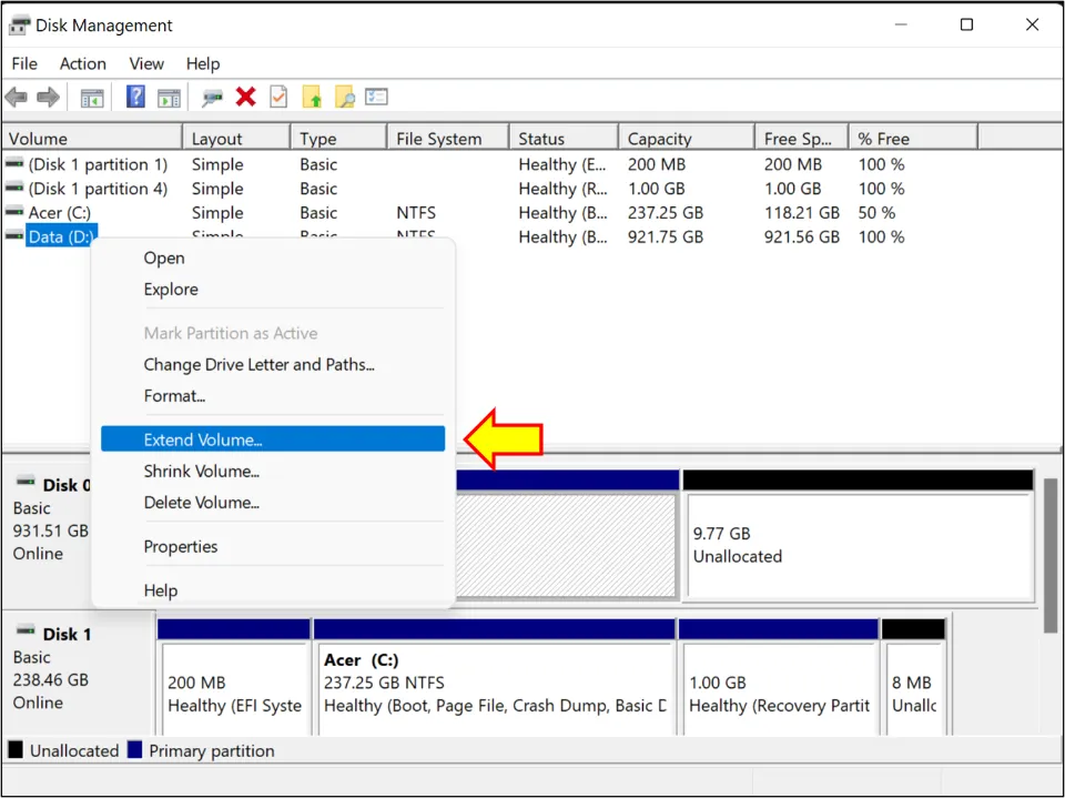 Choose the hard disk you want to extend. Right-click your mouse and select Extend Volume.