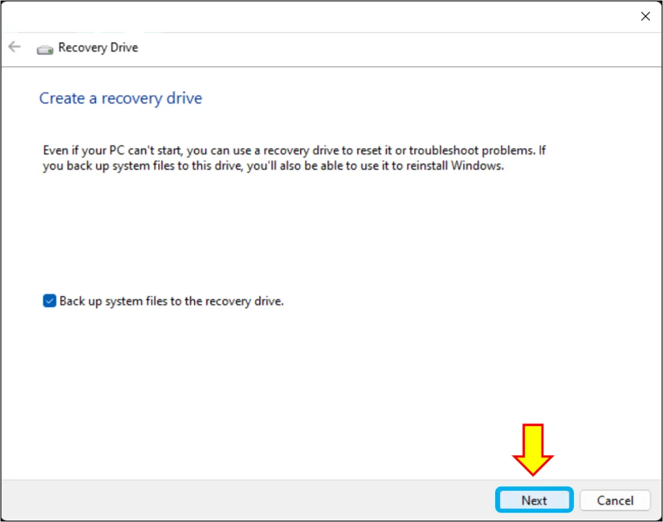 Ensure that you have ticked the checkbox that asks for backing up of system files in the recovery drive. Hit Next.