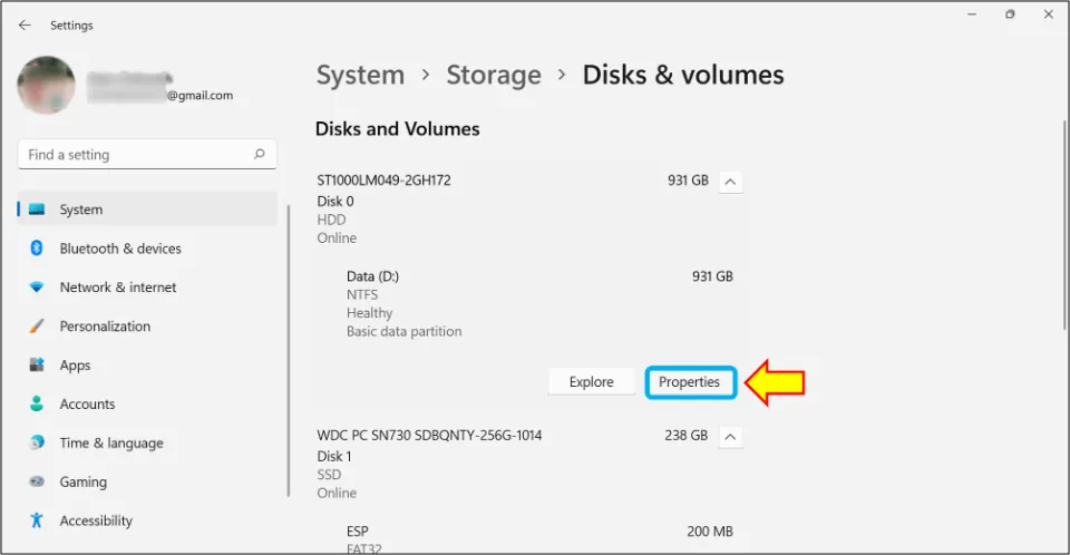 Choose a hard disk volume and select it. Then, click Properties.