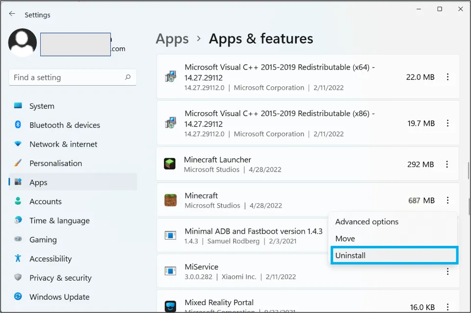 Locate Minecraft in the list of apps. Click on the 3 vertical dots button, adjacent to it
