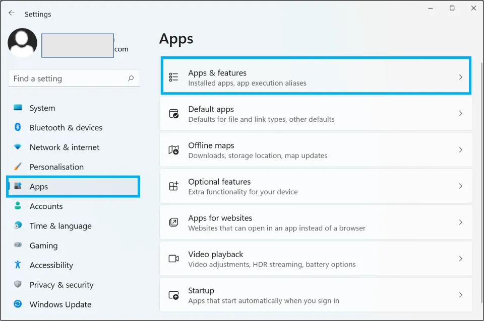 Hit the Apps and features option in the right panel.