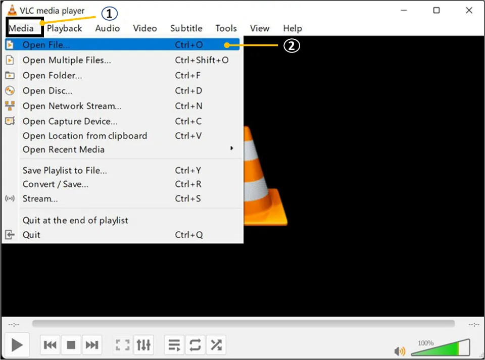 Alternatively, you can also click Media option after opening VLC and then select Open File. Then, manually select the video