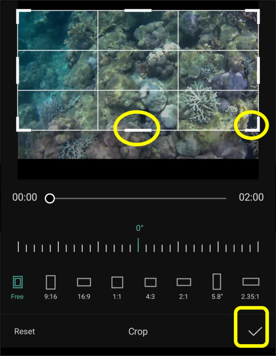 Then, drag the video corners & crop the video. Then, select ✓.