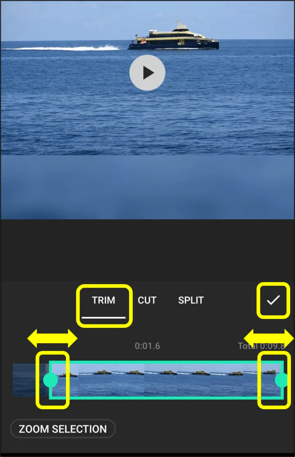 Then, choose TRIM. Drag the video ends to the desired position and click ✓