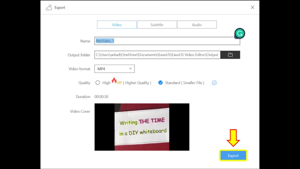 Choose video name, resolution, video format, and quality. Then, select Export