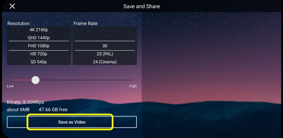 Then, choose resolution and frame rate. Then, hit Save as video