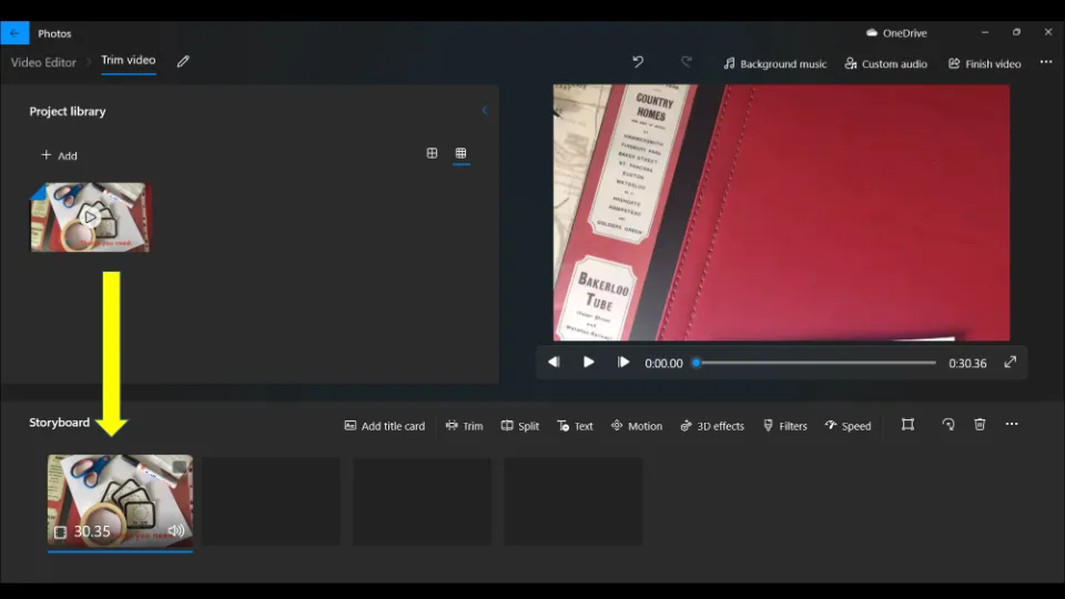 drag the video file again from Project Library & move it to the bottom part of the Video Editor window