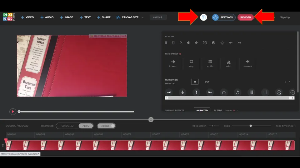 Click on Save icon and then Render option to save the video