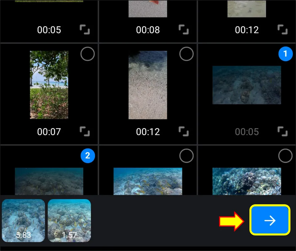 Select the videos that need to be merged together & then hit →