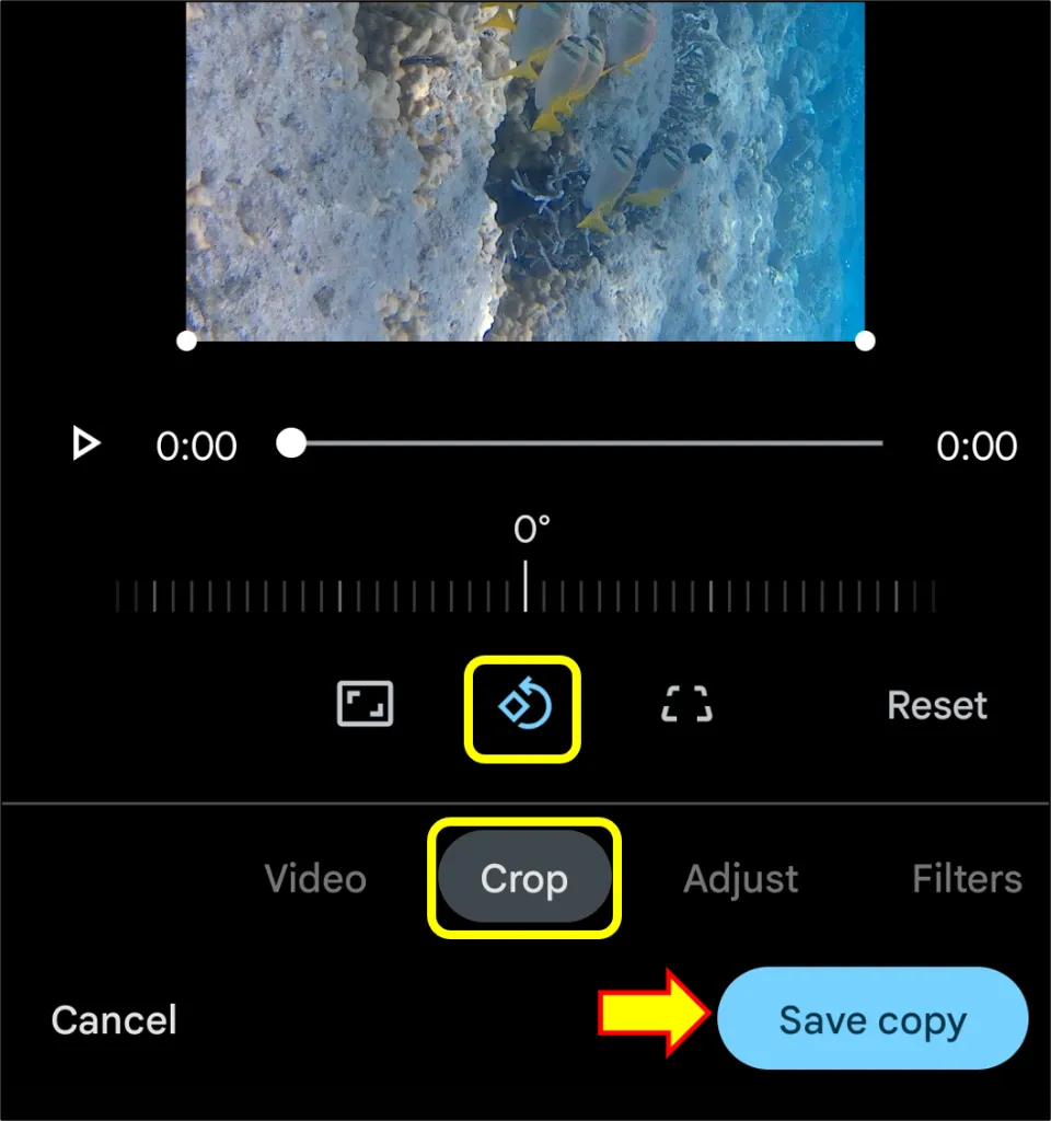 Select Crop option. Then, hit the Rotate icon and rotate the video according to your needs