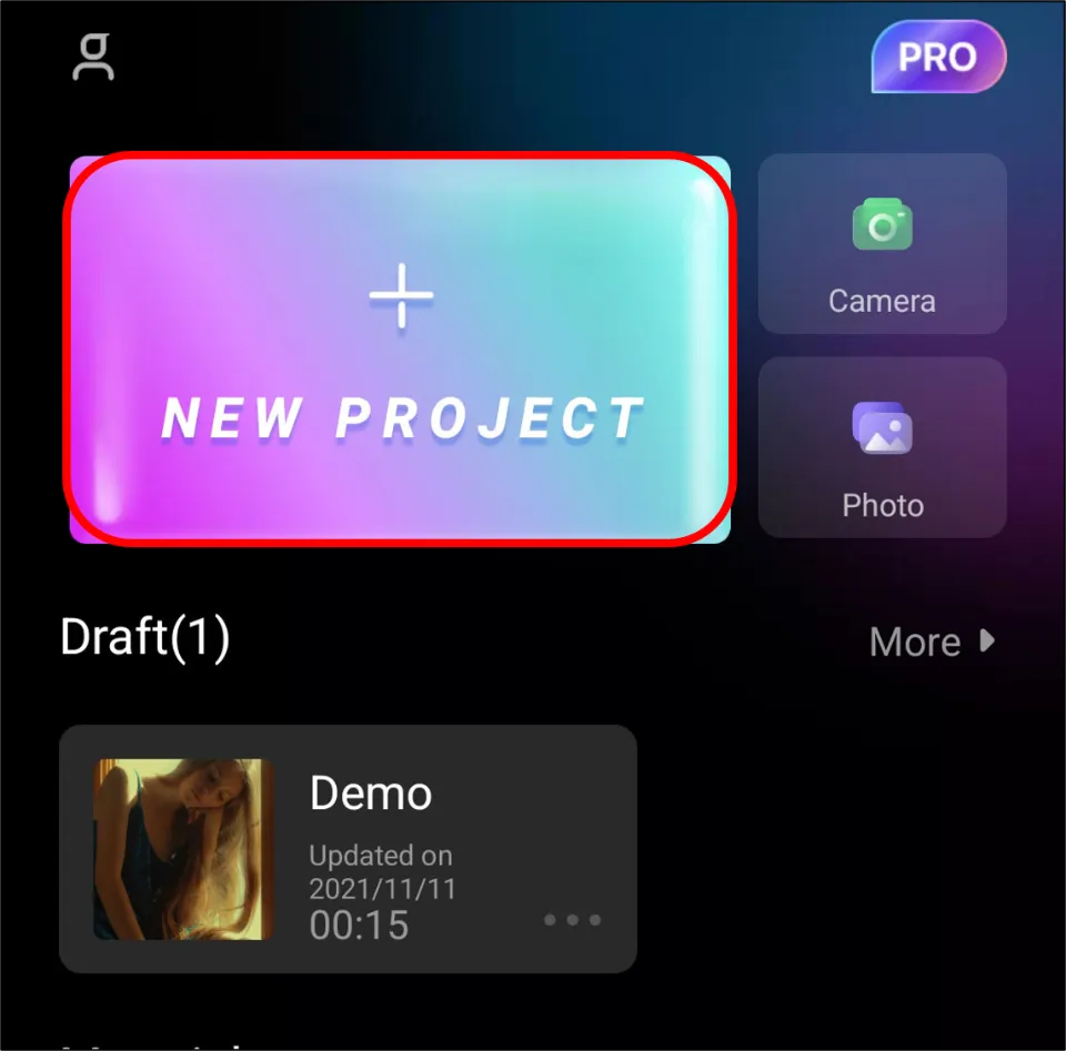 Tap + NEW PROJECT